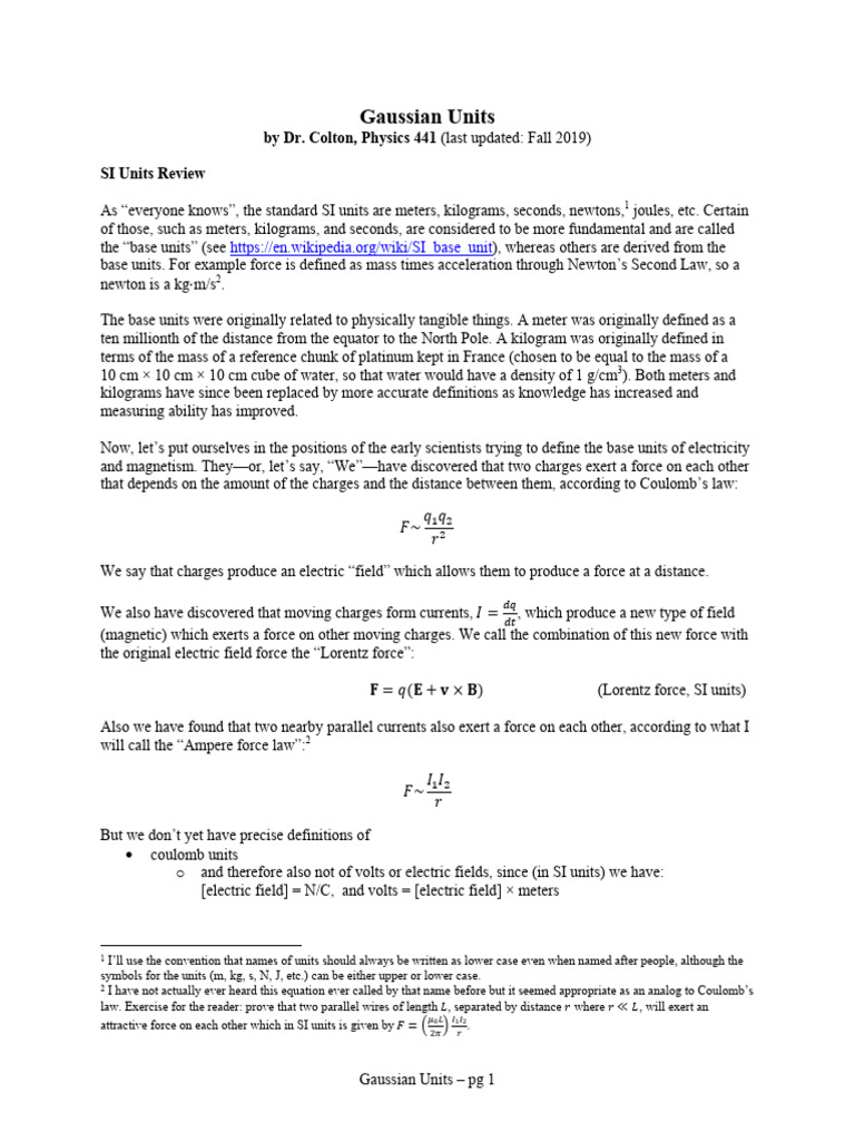 Gaussian Units PDF Kilogram Electric Field