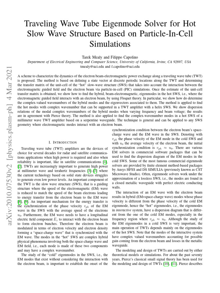 Traveling Wave Tube Eigenmode Solver For Hot Slow Wave Structure Based ...
