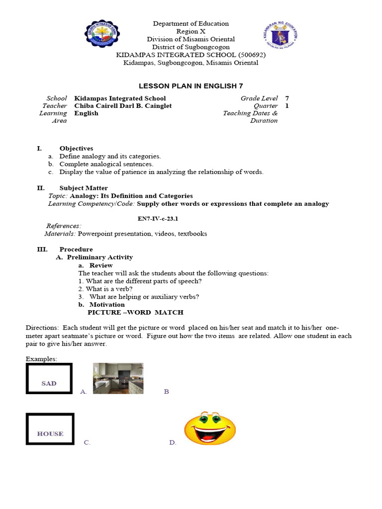 English 7 Lesson Plan: Understanding Analogy | PDF | Analogy | Question
