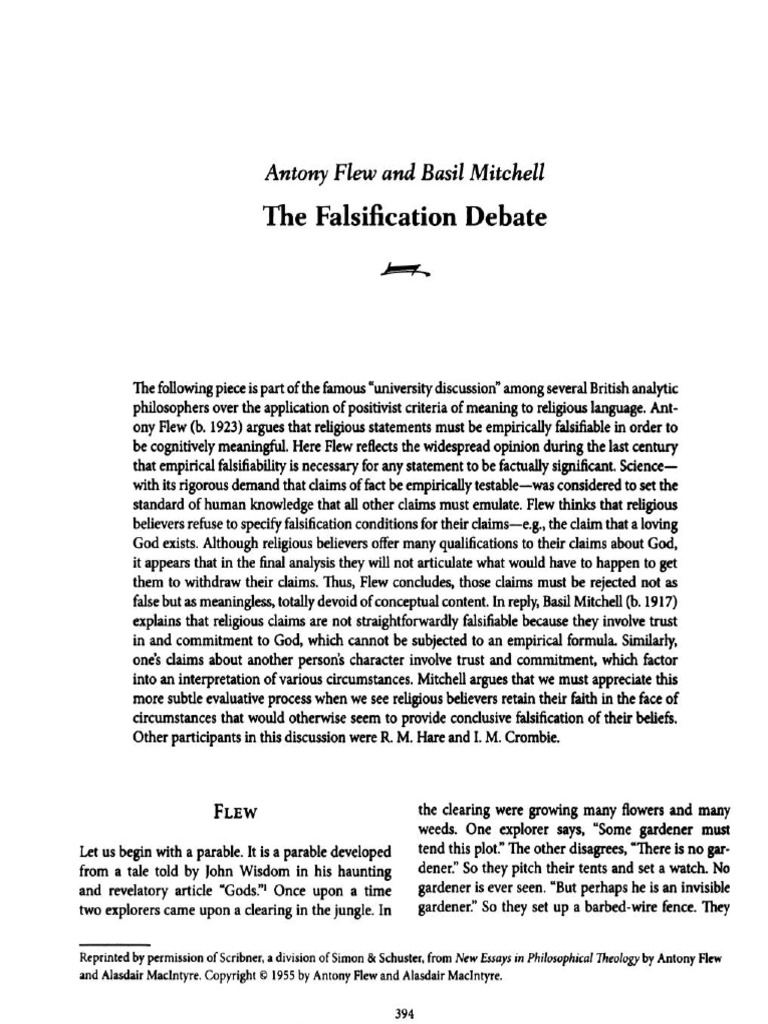 VI.B. The Falsification Debate. Antony Flew and Basil Mitchell | PDF