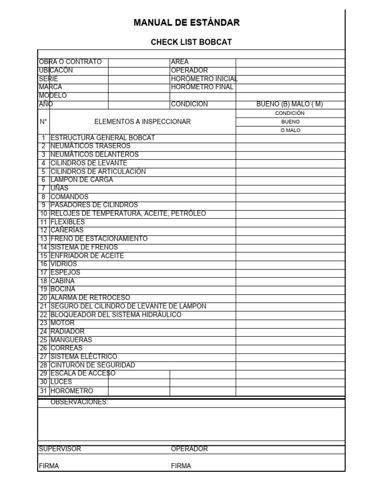 Checklist de Inspección Bobcat | PDF | Tecnología