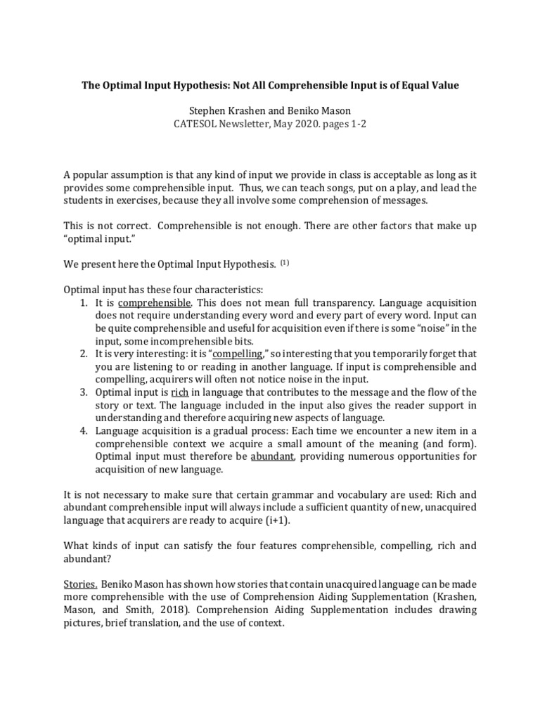Stephen krashen beniko mason the optimal input hypothesis not all