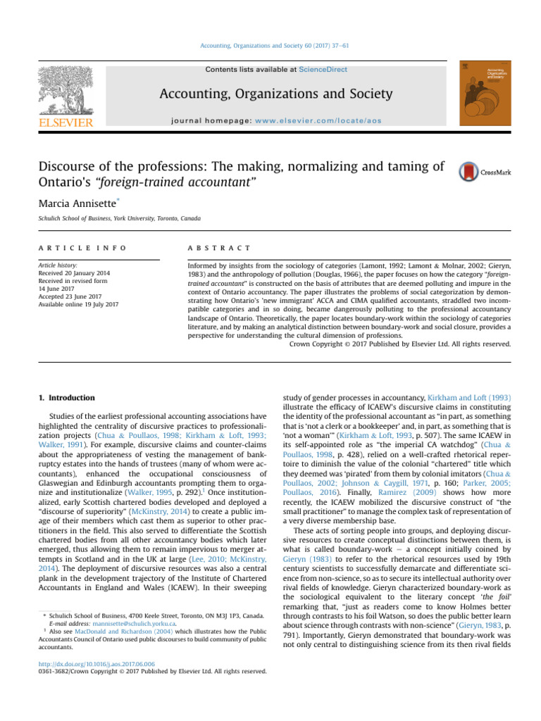 Annisette (2017) Discourse of The Professions The Making, Normalizing ...