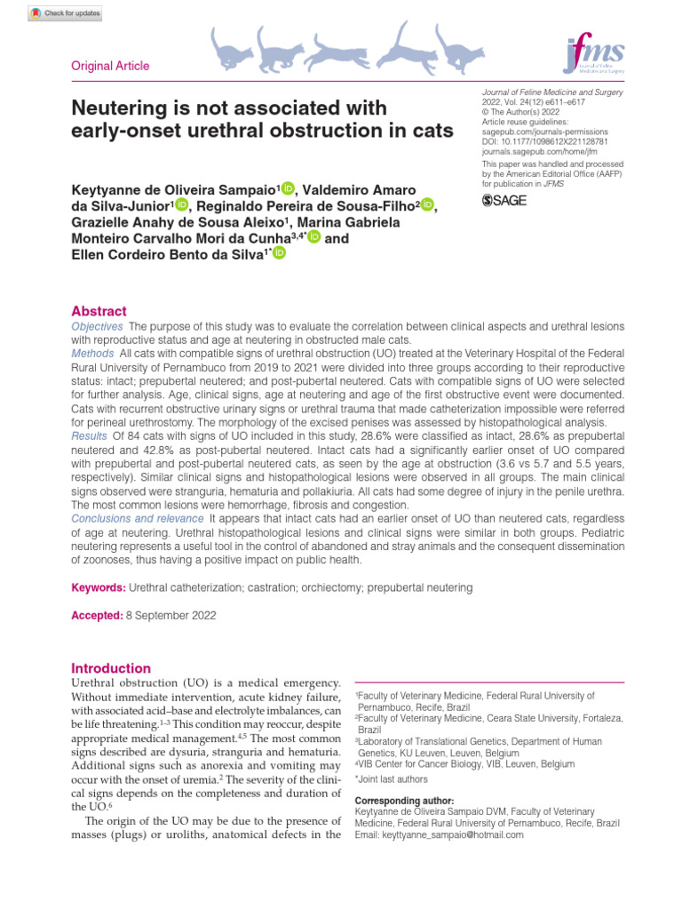 Neutering is not associated with early onset urethral obstruction in