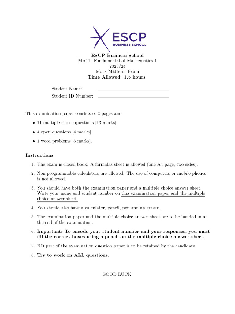 MA11 Mathematics Mock Exam 2023/24 | PDF | Multiple Choice | Computing