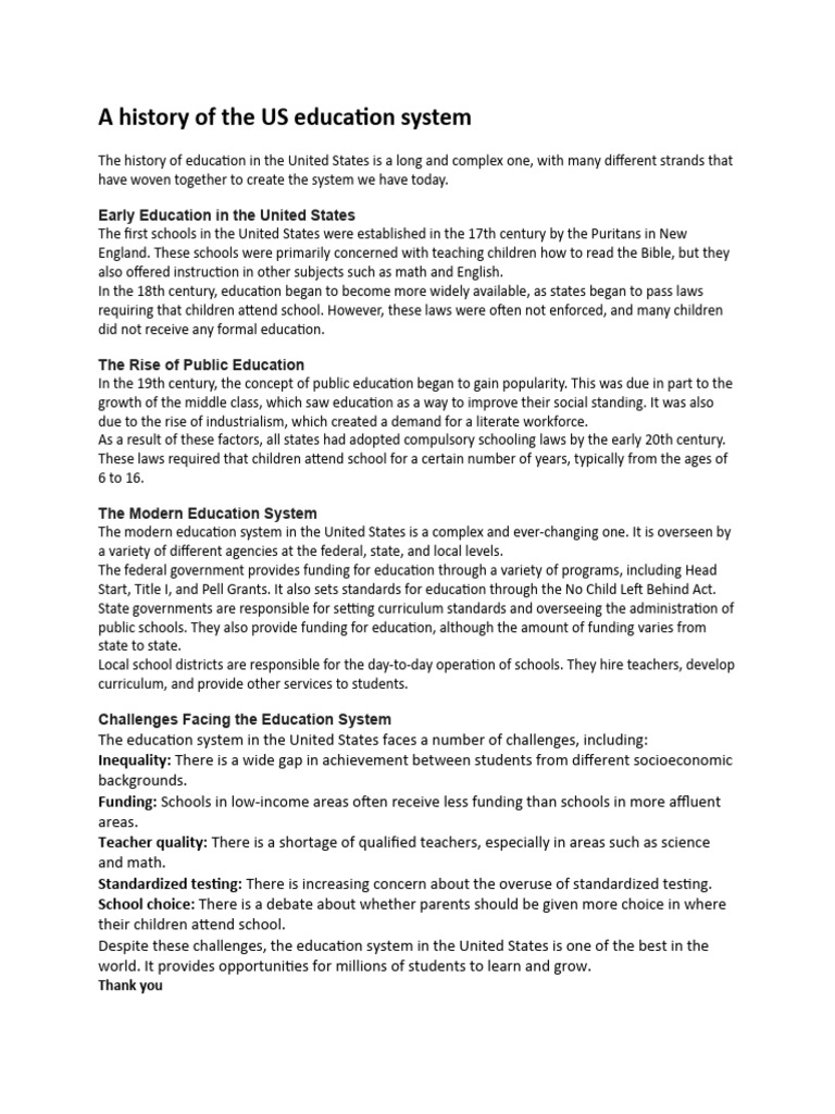 A History of The US Education System PDF Education In The United