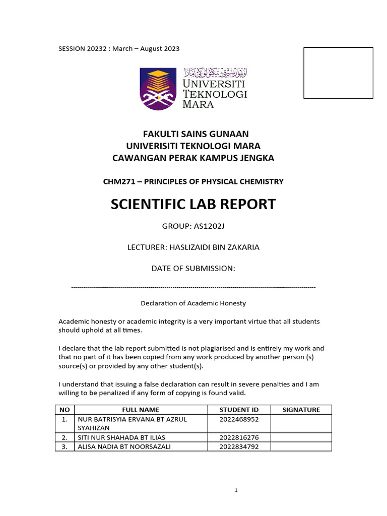 CHM271 Experiment 1 Lab Report | PDF