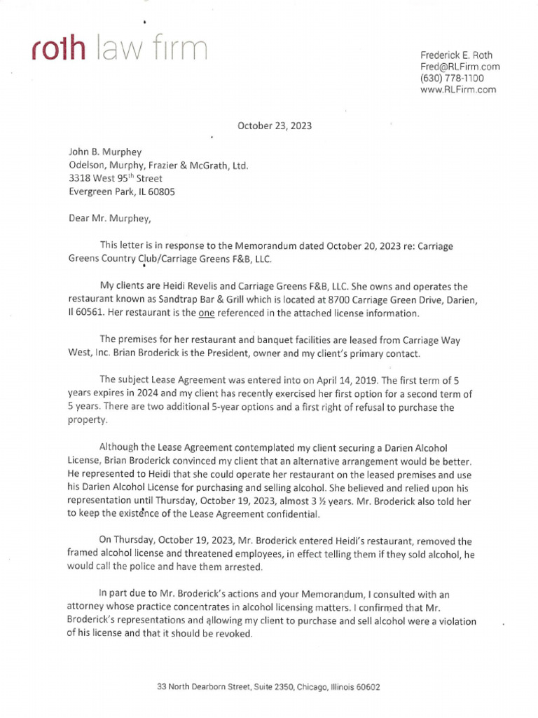 Attorney Letter to City of Darien About Carriage Greens Liquor License