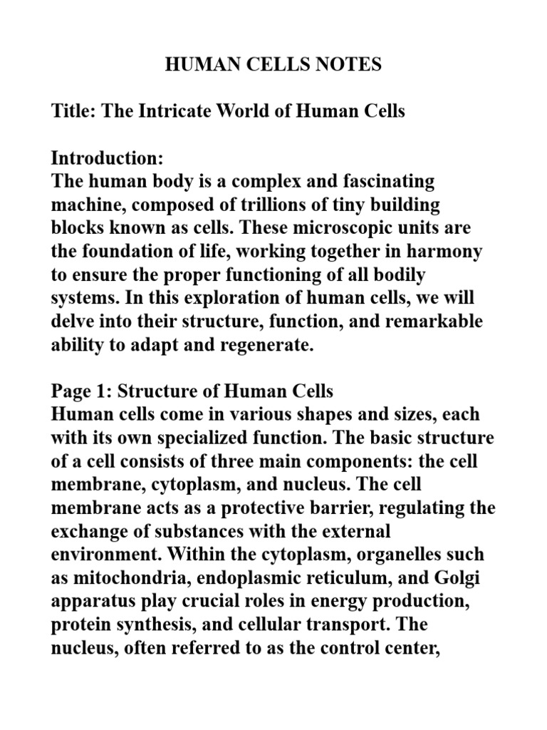 Human Cells Notes | PDF | Cell (Biology) | Cytoplasm