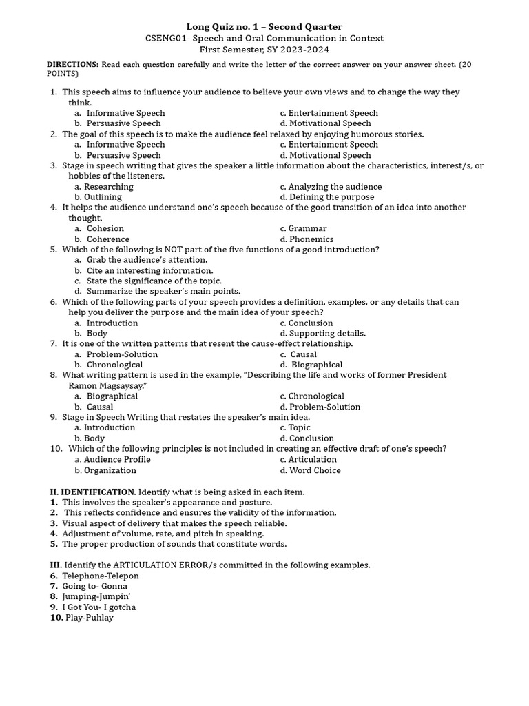 Speech and Oral Communication Quiz PDF Speech Rhetoric