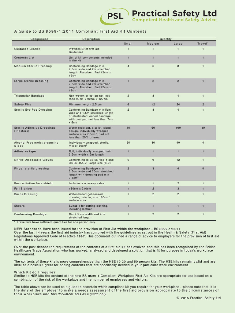 Bs 8599 1 first aid contents guide pdf first aid safety