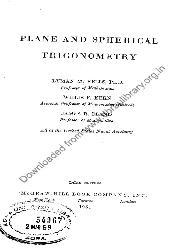 Mathematics - 1951 - 54967 - Plane and Spherical Trigonometry | PDF