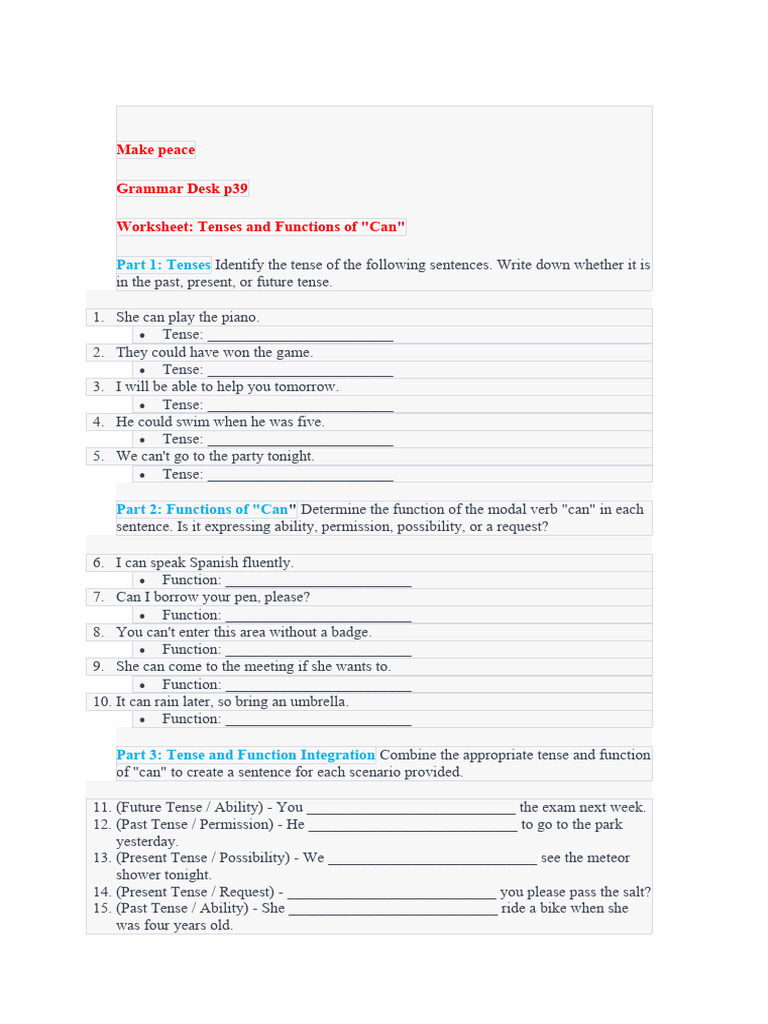 Make Peace Grammar Desk p39 Worksheet Tenses and Functions of "Can