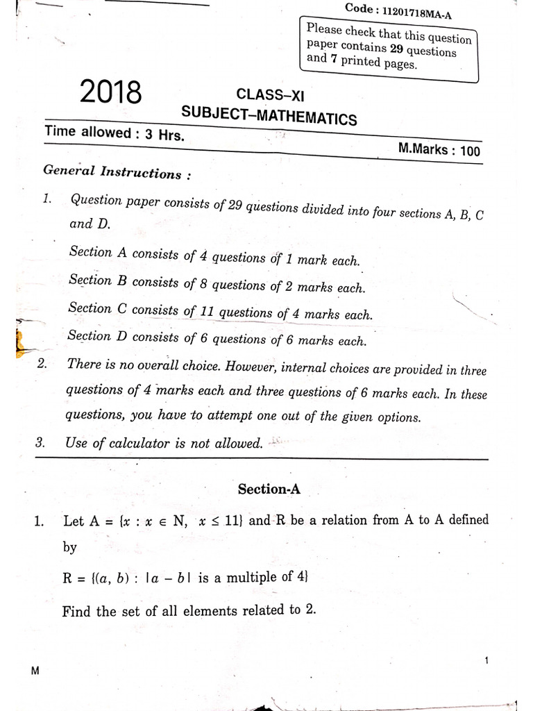 +1 MATHS 2018 Question Paper | PDF