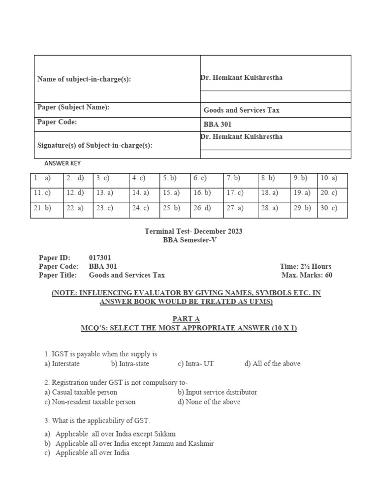 GST Exam Answer Key - December 2023 | PDF | Taxes | Government