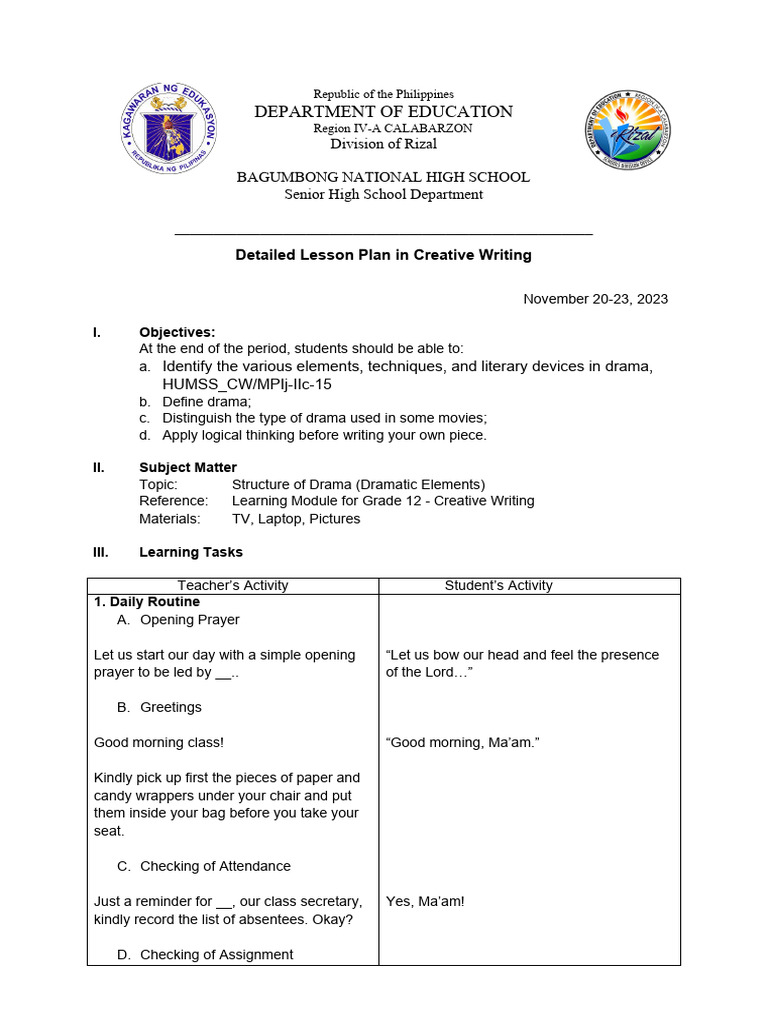 Creative Writing Lesson Plan: Drama Elements | PDF | Plot (Narrative ...