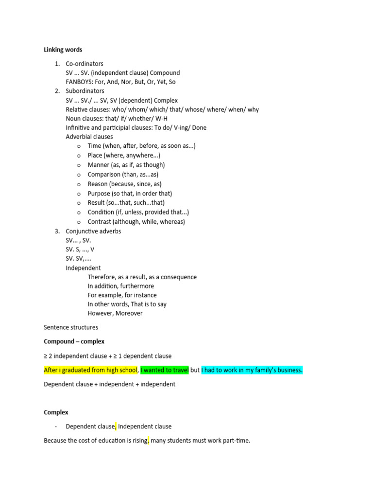Linking Words Pdf Clause Subject Grammar