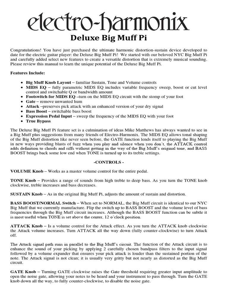Deluxe Big Muff Pi Manual PDF Equalization (Audio