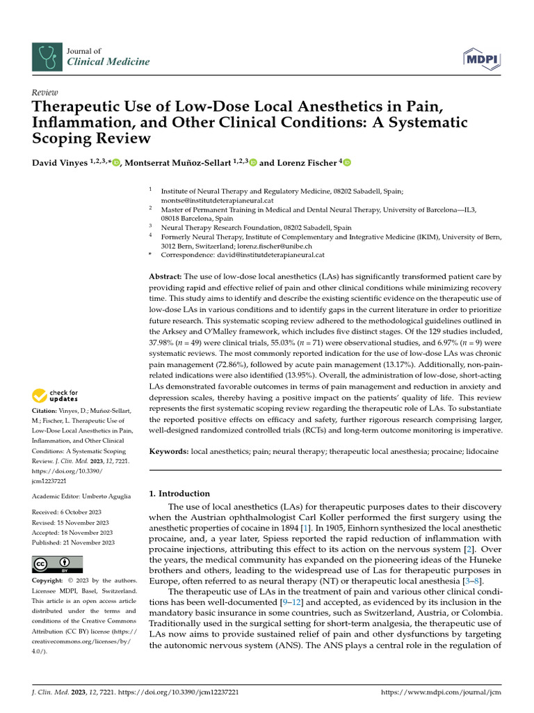 Therapeutic use of low dose local anesthetics pdf systematic review
