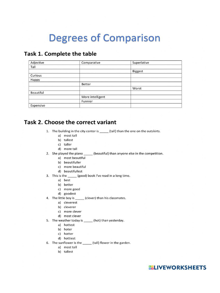 DEGREE OF COMPARISON EXAMPLES WITH ANSWERS visual data 3