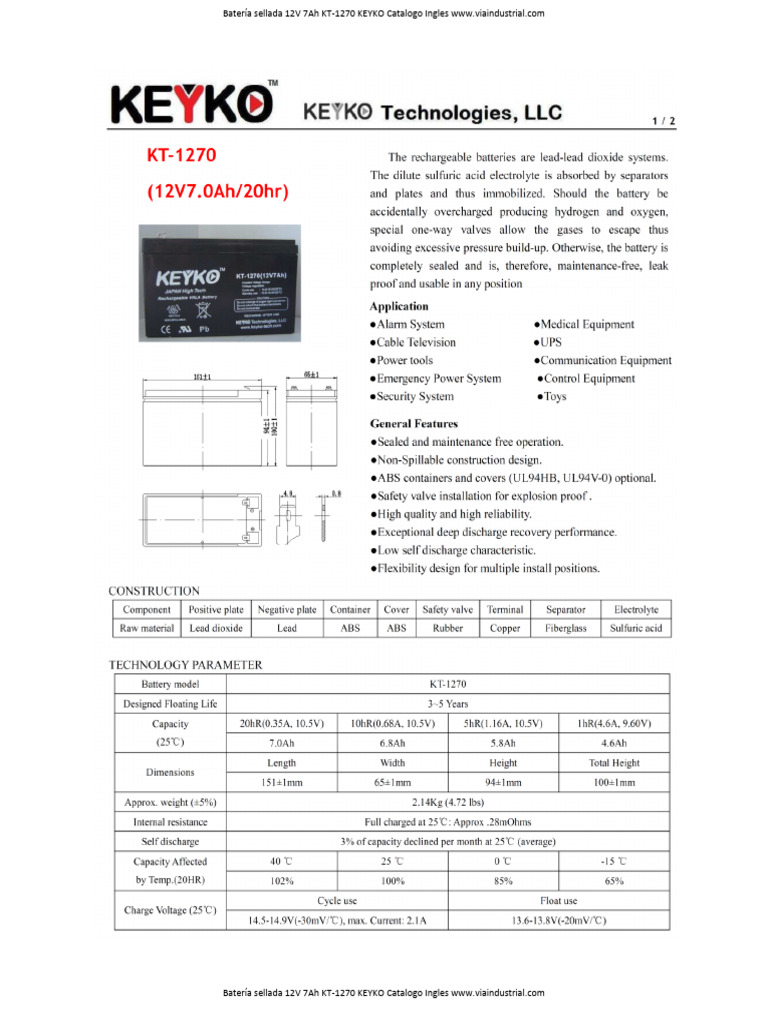 Batería Sellada 12V 7Ah KEYKO | PDF