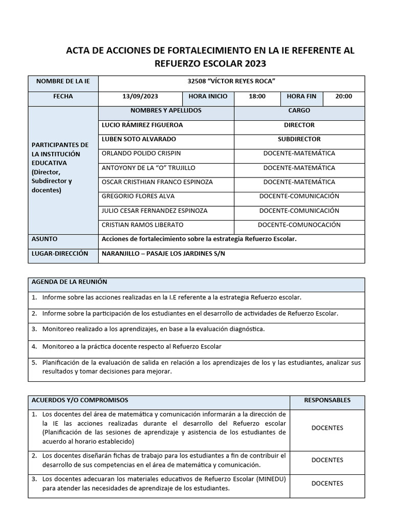 Acta de Fortalecimiento Refuerzo Escolar 2023 | PDF | Evaluación | Maestros