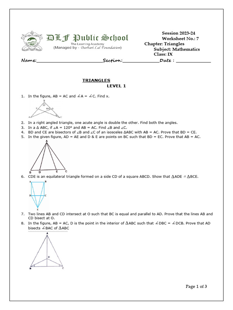 Class 9 Triangles Worksheet PDF | PDF