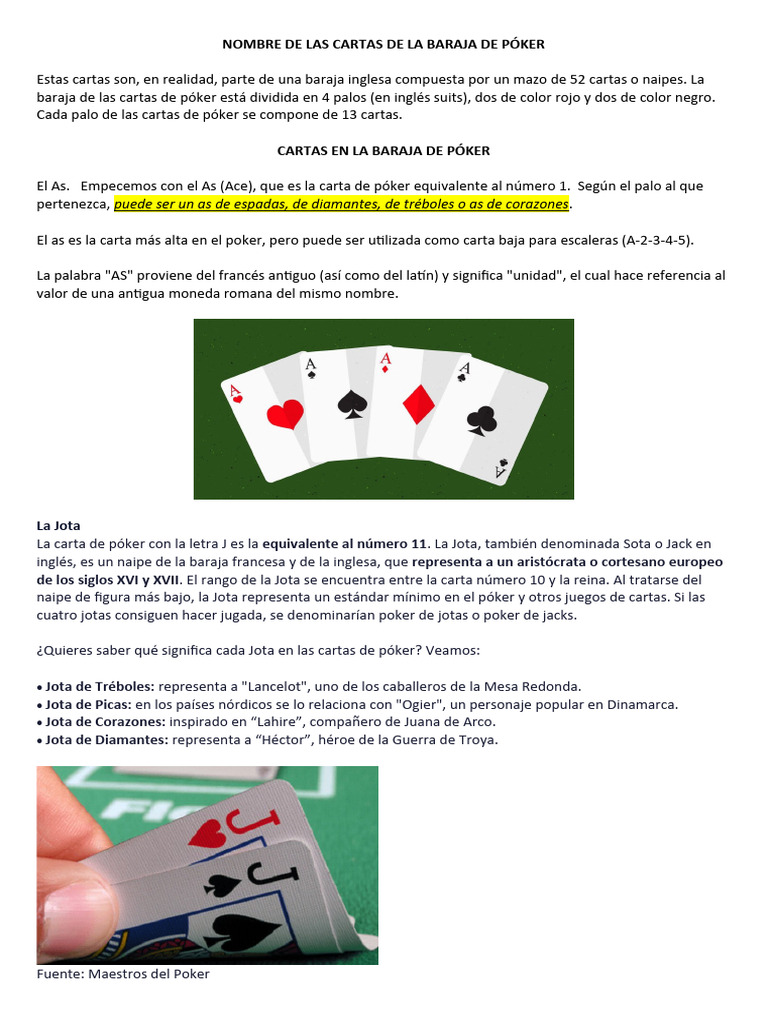 Poker nombres de las cartas