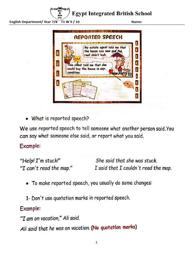 Reported Speech Worksheet PDF