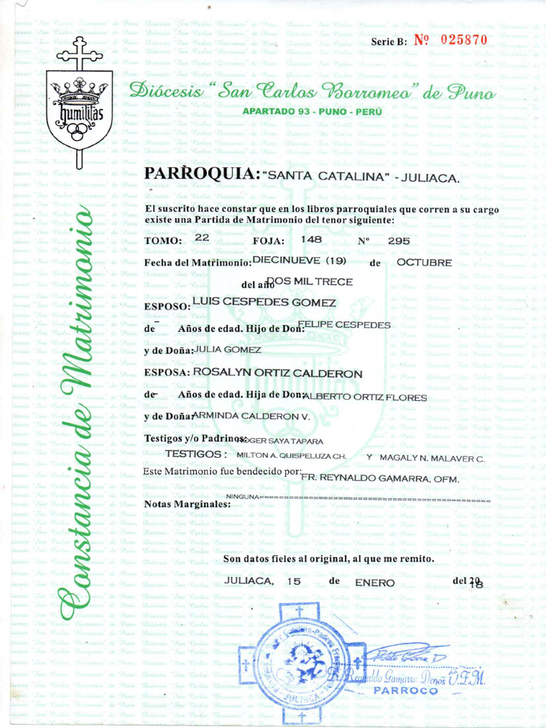 Partida Matrimonio Luis - Rosalyn | PDF