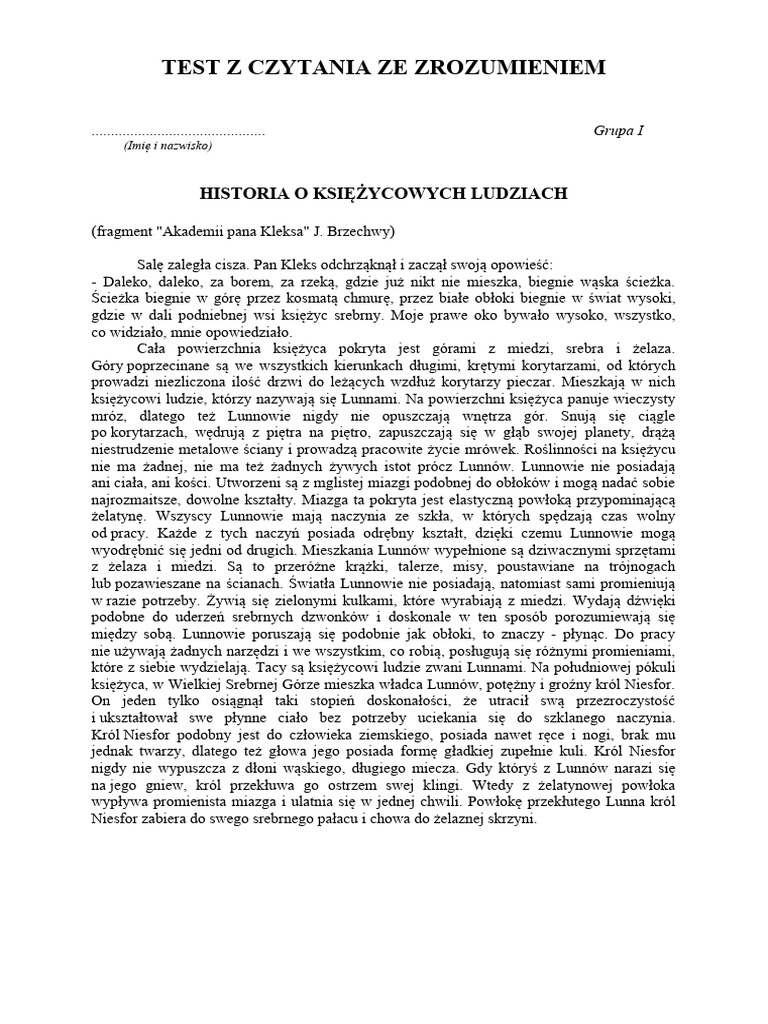 Test Czytania Ze Zrozumieniem Klasa 6 Z Odpowiedziami Test Z Czytania Ze Zrozumieniem - Pan Kleks | PDF