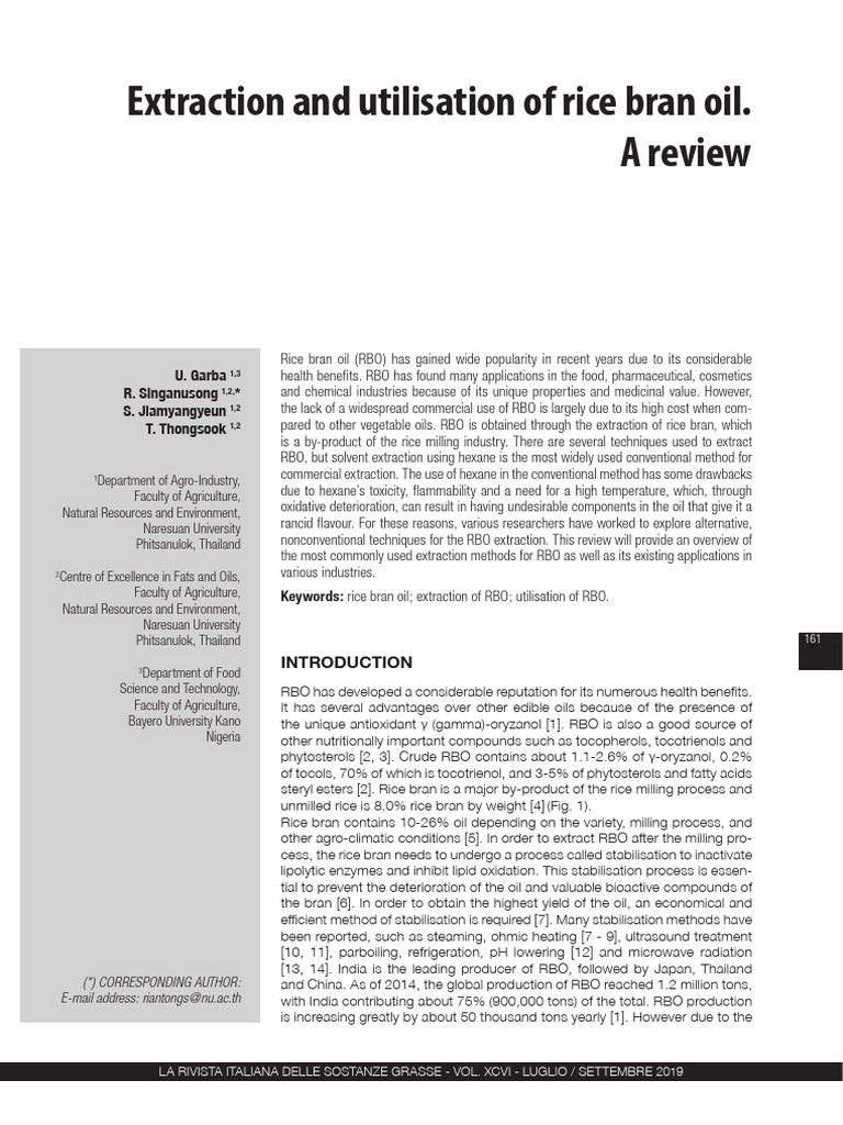 Rice Bran Oil Extraction Methods Review | PDF | Vegetable Oil ...