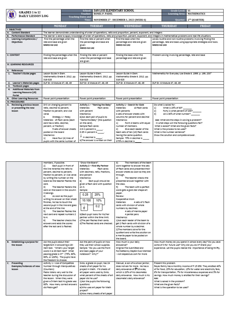 Grade 6 Math Lesson Plan | PDF | Percentage | Learning