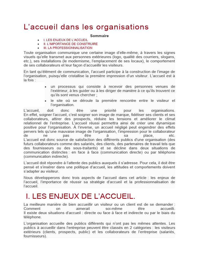 Importance de l'accueil en entreprise | PDF | Business | la communication
