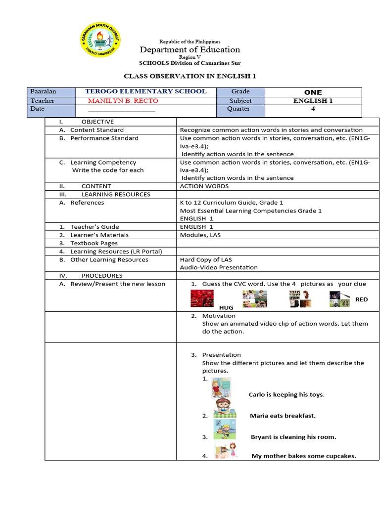 COT Lesson Plan in English 2 (Action Words) PDF Learning Teachers