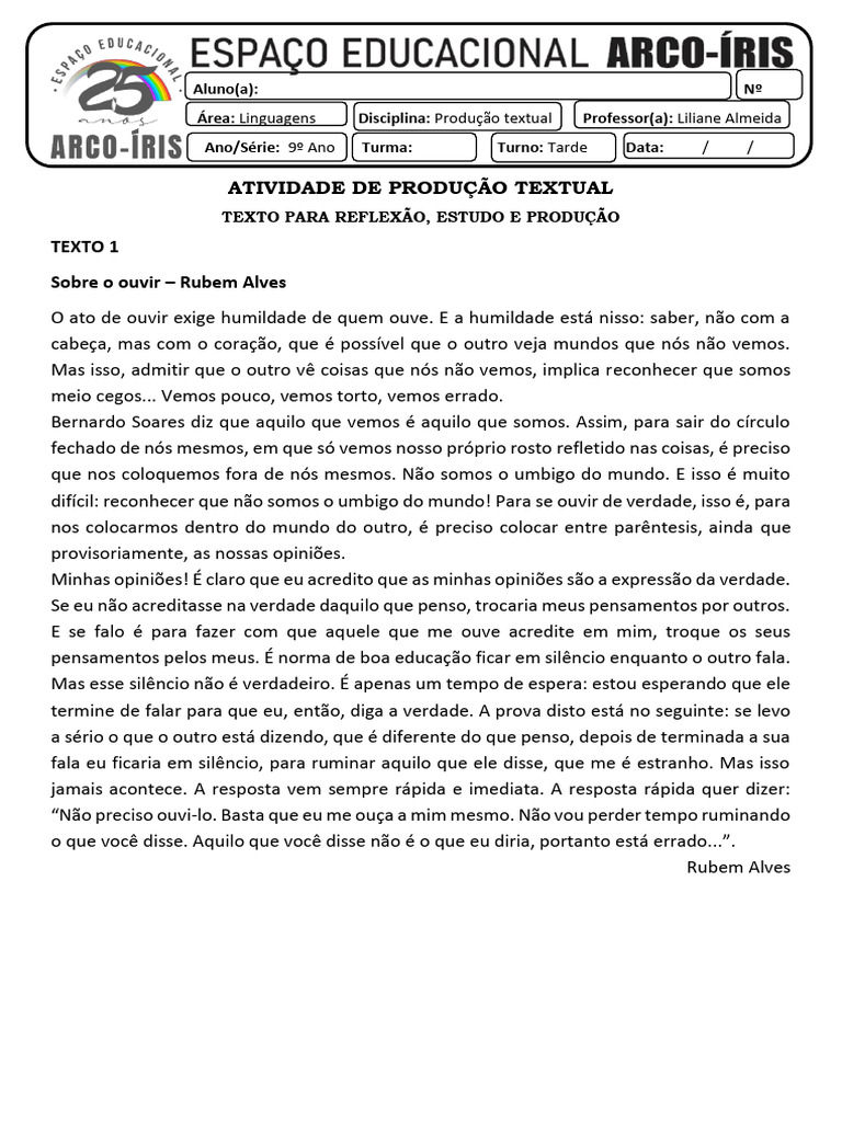 Atividades Produção Textual - o Ato de Ouvir - Rubem Alves | PDF ...