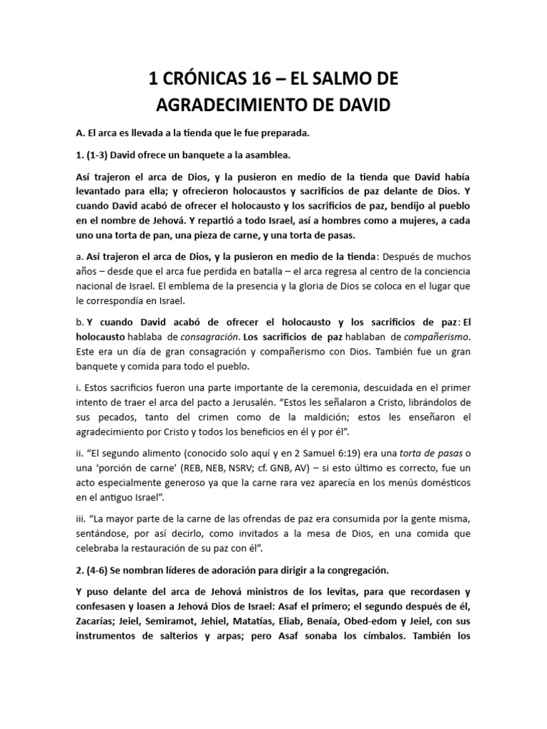 1 Crónicas 16 - El Salmo de Agradecimiento de David | PDF | David | Salmos