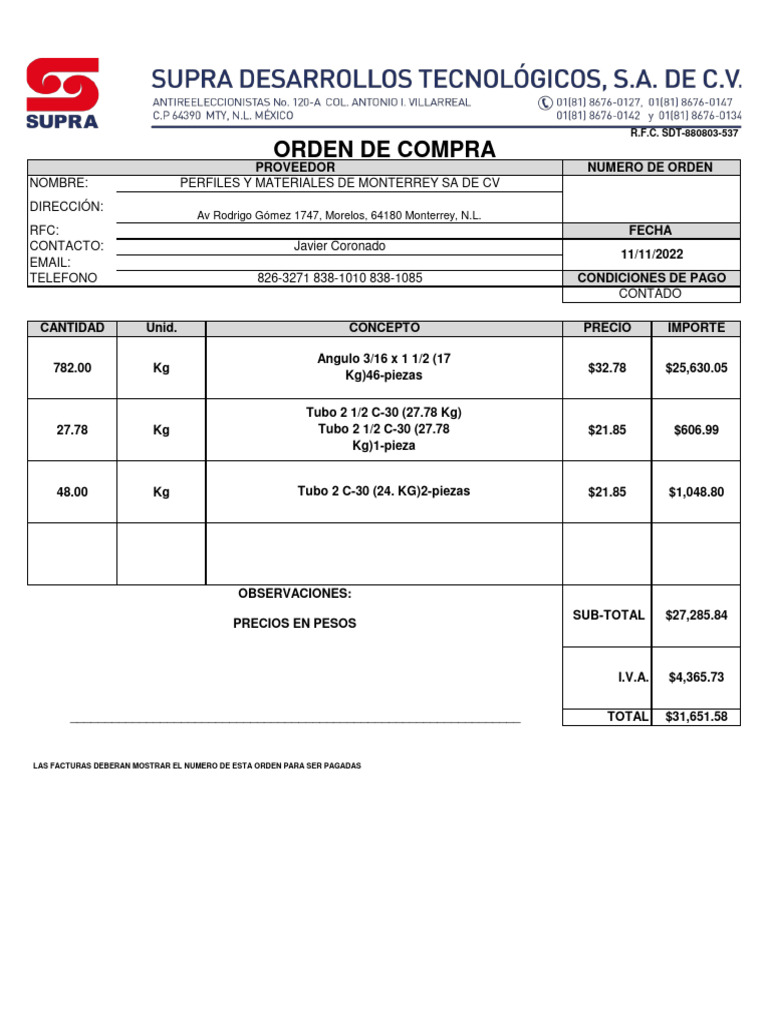 Orden de Compra Perfiles y Materiales de Monterrey Sa de CV - 11-11 ...
