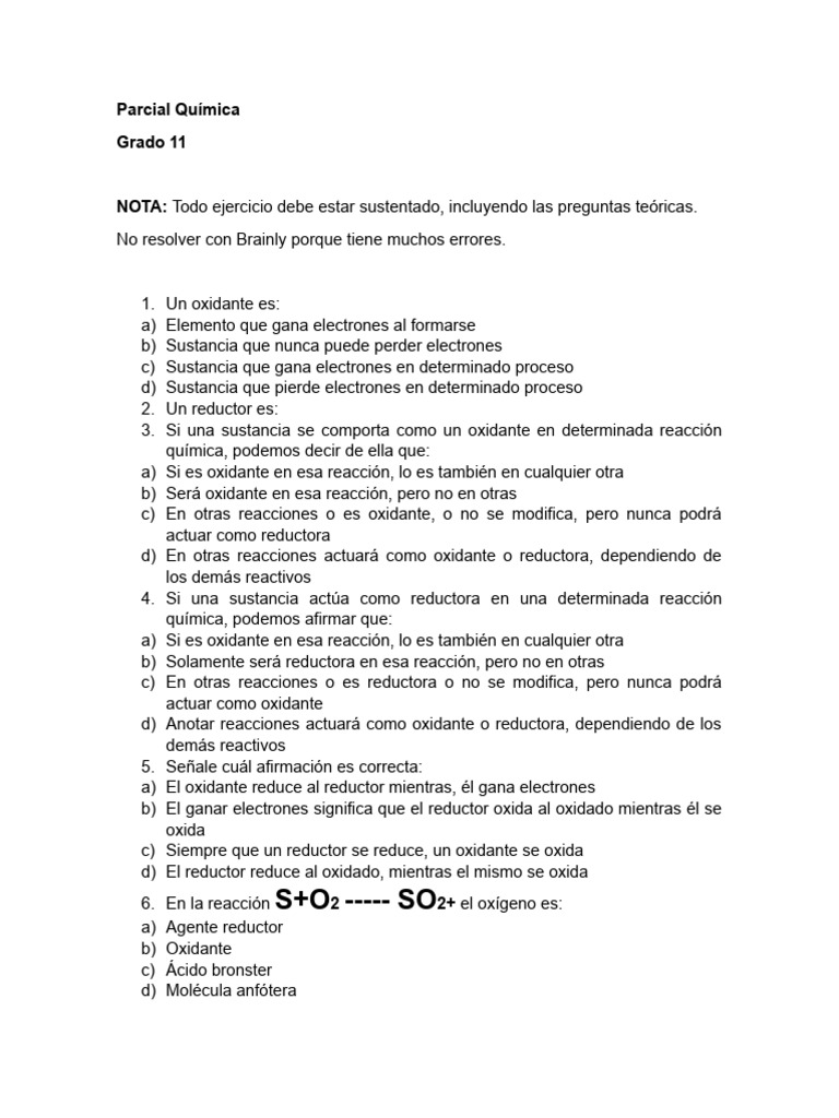 Parcial Quimica Descargar Gratis Pdf Redox Reacciones Químicas