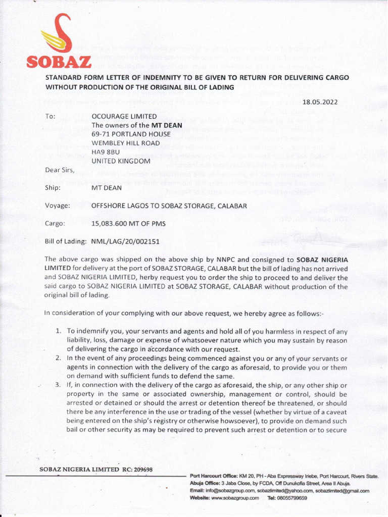 Standard Form Letter of Indemnity MT Dean PDF