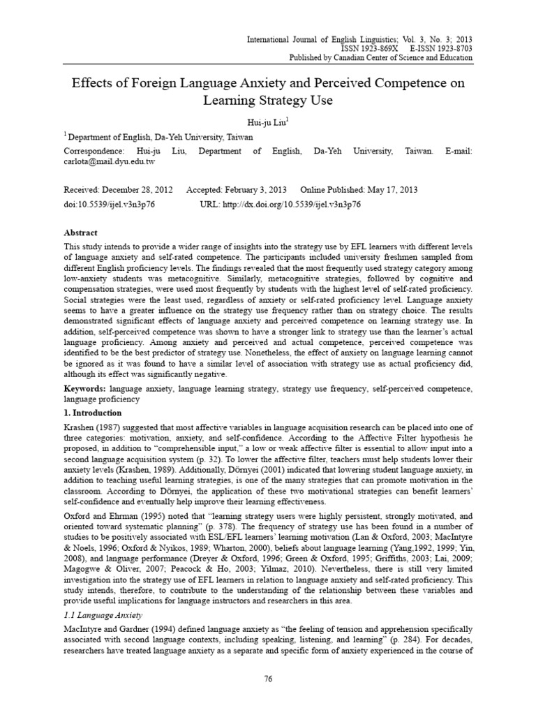 Language Anxiety and Learning Strategies | PDF | English As A Second Or ...