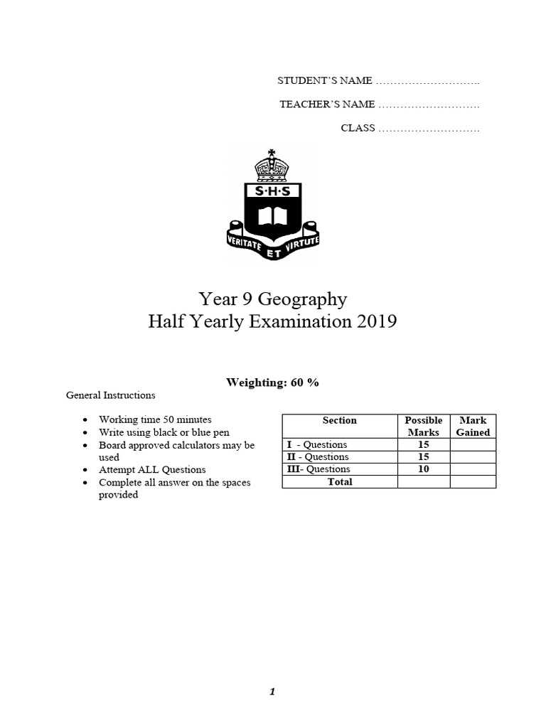Year 9 half yearly examination student 2019 pdf australia human