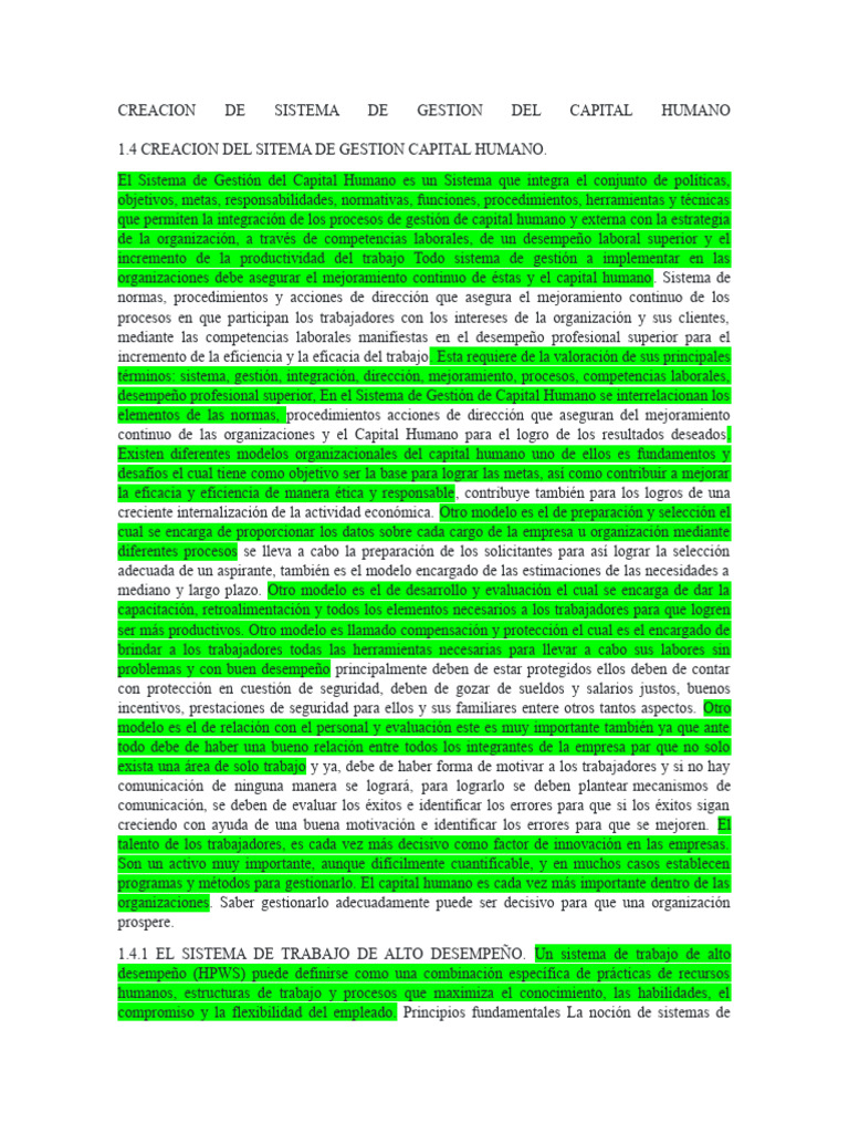 1.4. - Creacion de Sistema de Gestion Del Capital Humano Resumen | PDF