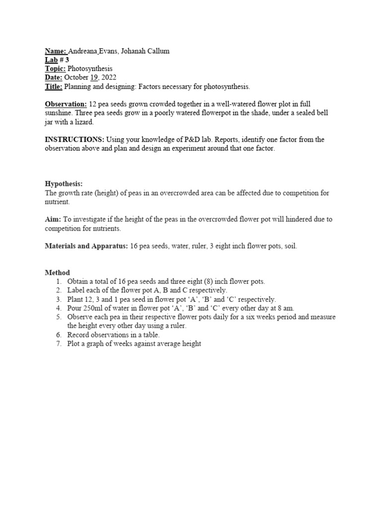 Unit 2 Biology Lab 5 Photosynthesis PD PDF Pea Plants