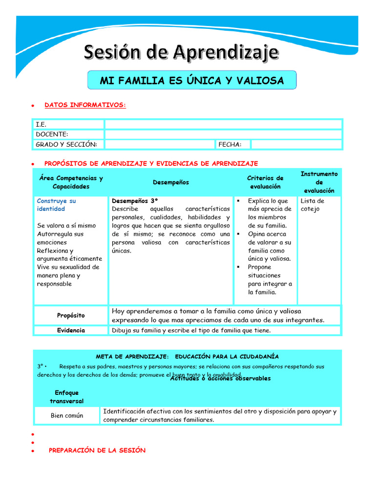 Tutoría - Mi Familia Es Unica y Valiosa | PDF | Evaluación | Aprendizaje