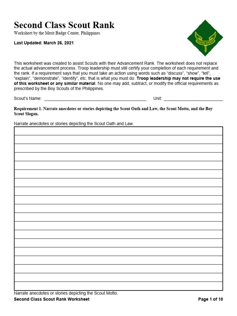 Second Class Scout Rank Worksheet | PDF | Scouting | Youth Movements