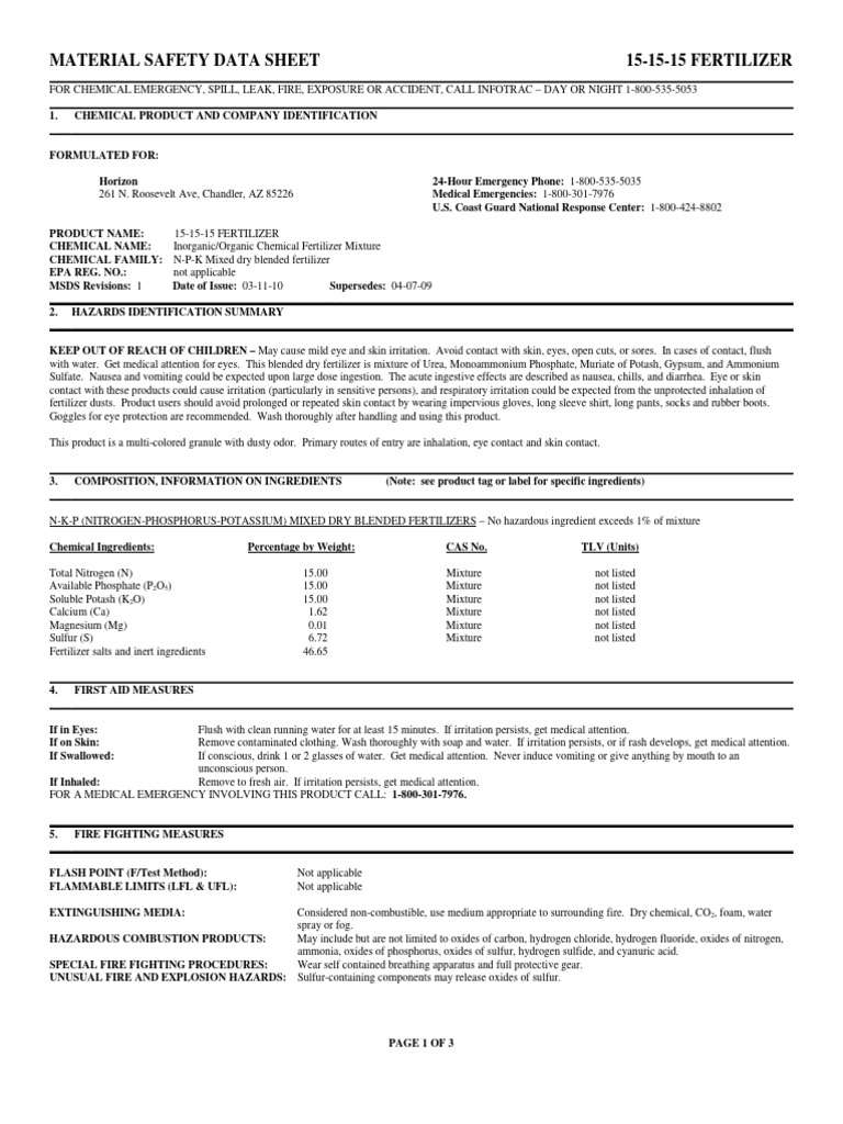Material Safety Data Sheet 151515 Fert PDF Water Fertilizer