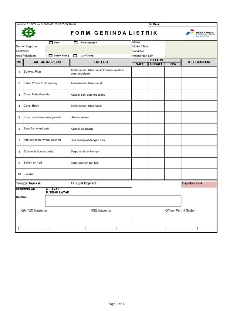 Form 002 Inspeksi Gerinda Listrik | PDF