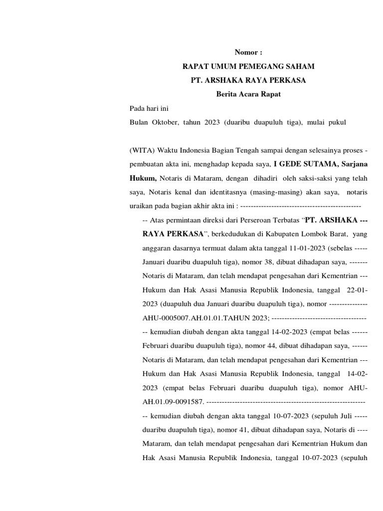 Berita Acara RUPS PT Arshaka Raya Perkasa | PDF | Komputer