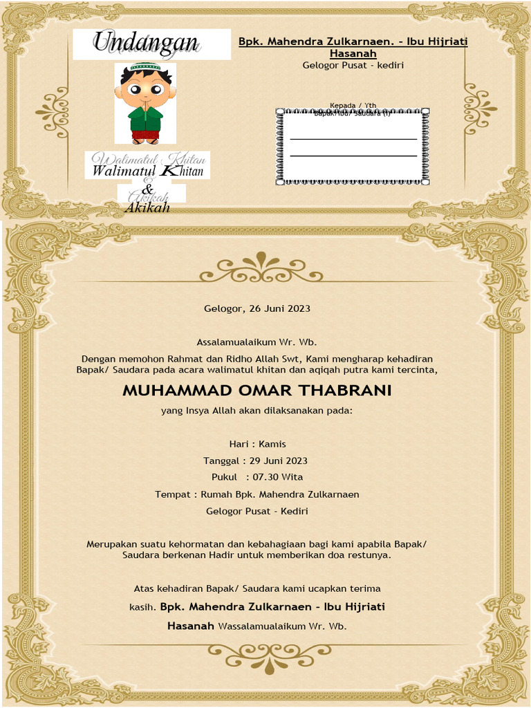 Contoh Undangan Walimatul Khitan - Kanalmucom | PDF